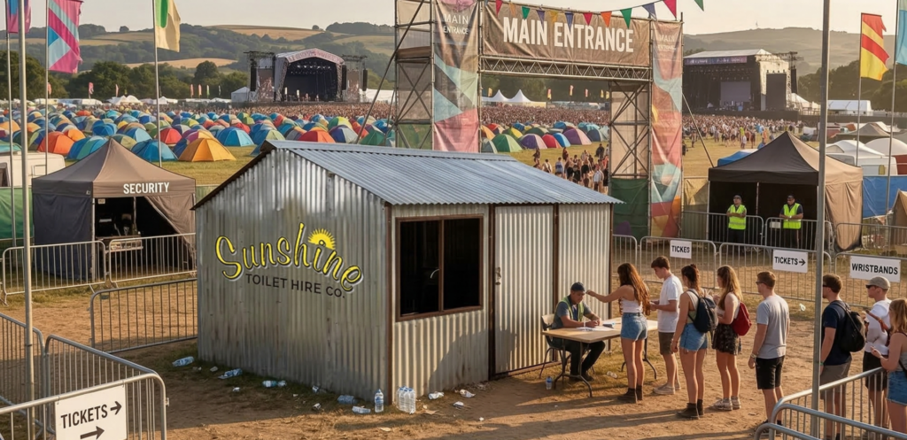 A sunshine toilet hire guard hut at an event